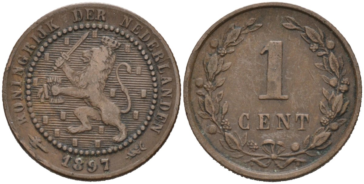 Нидерланды 1 цент 1897 Вильгельмина (1890-1948) KM 107 бронза 4576-625