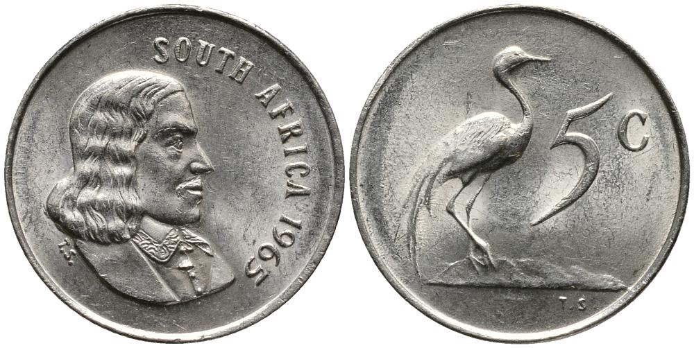 ЮАР 5 ЦЕНТОВ 1965 SOUTH, ЯН ВАН РИБЕК (1619-1677), ГОЛАНДСКИЙ ИССЛЕДОВАТЕЛЬ , МОРЕПЛАВАТЕЛЬ, ОСНОВАТЕЛЬ Г. КЕЙПТАУНА, РАЙСКИЙ ЖУРАВЛЬ, АНГЛИЙСКАЯ ЛЕГЕНДА KM 67.1 никель 4549-447