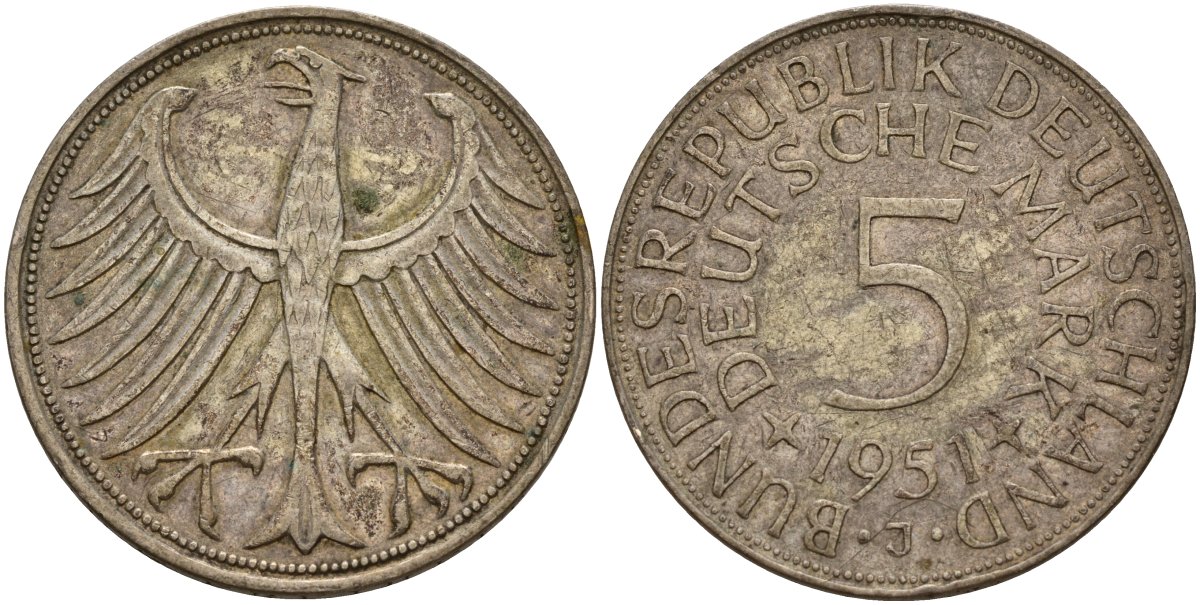 ФРГ 5 марок 1951 J (Гамбург), J. 387, KM 112.1 серебро 4157-1041