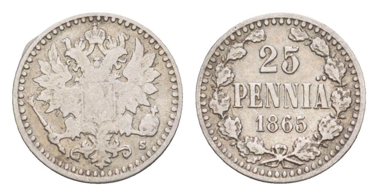 Россия для Финляндии 25 пенни 1865 S, Александр II (1855-1881) Биткин 641 серебро 1518-524
