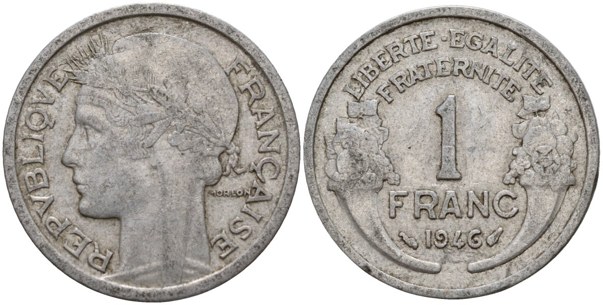 Франция 1 франк 1946 KM 885a алюминий 4156-714