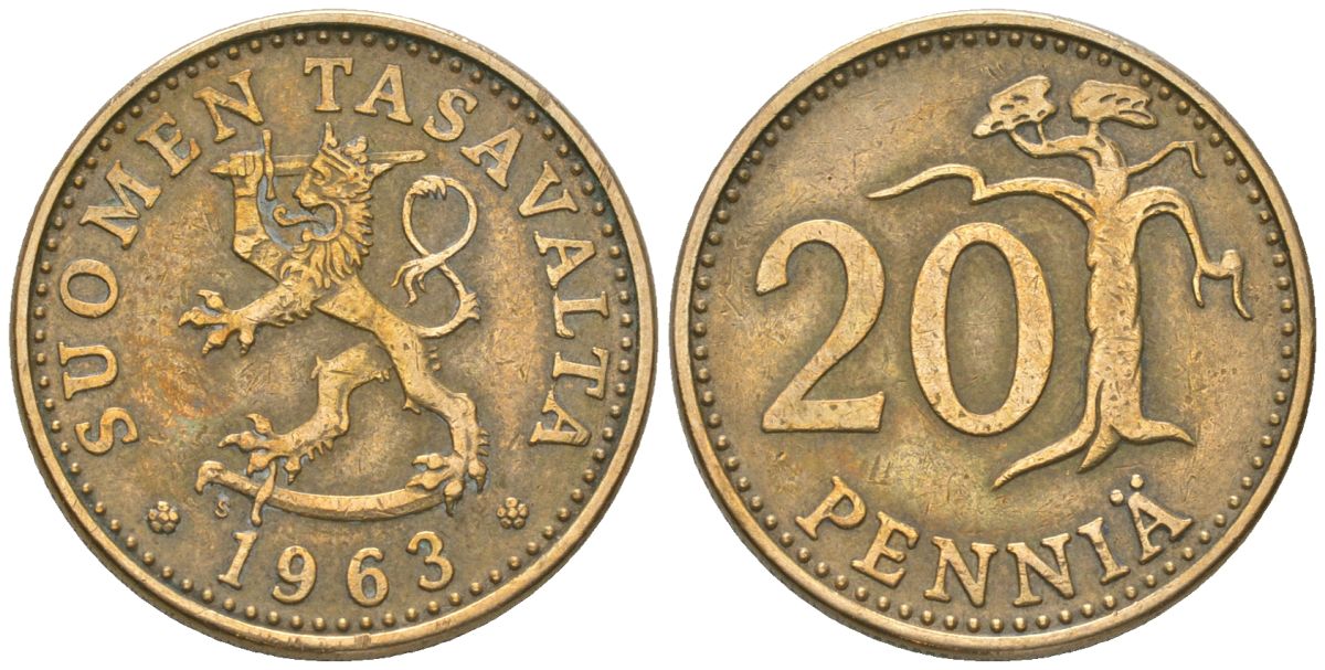 Финляндия 20 пенни 1963 S KM 47 алюминиевая бронза 4589-543