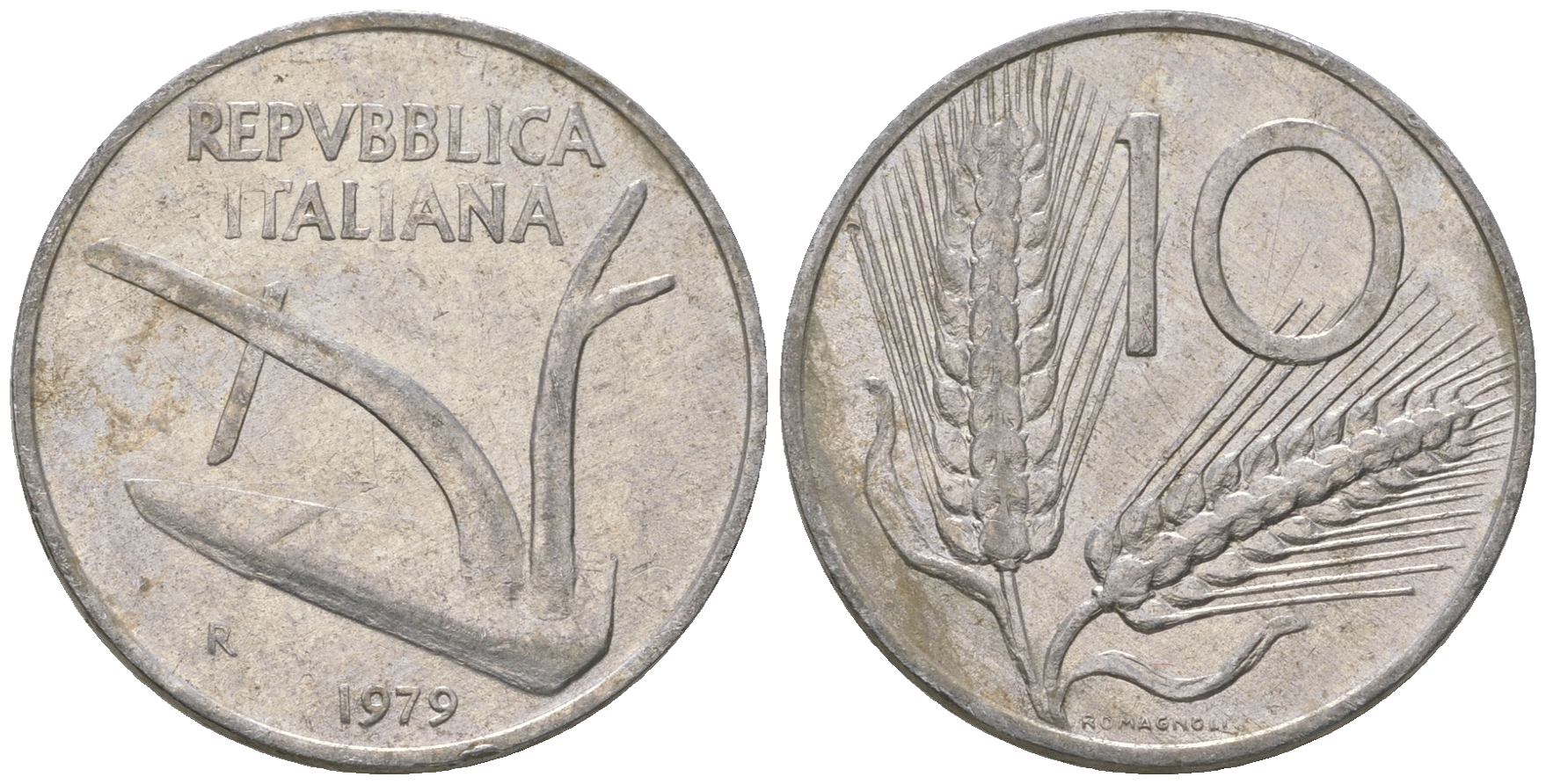 Италия 10 лир 1979 R, колосья, плуг KM 93 алюминий 4589-1133