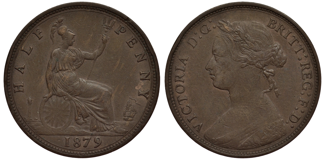 Великобритания 1/2 пенни 1879 Виктория (1837-1901) КМ 754, Spink 3956 бронза 1523-842