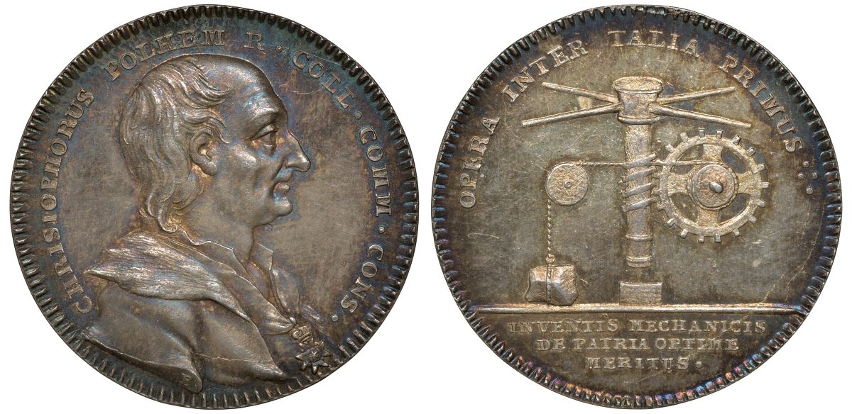 Швеция медаль 18-й век шведский ученый, изобретатель и промышленник Кристофер Польхаммер (Польхем), диаметр 31,6 мм., вес 11,1 гр.  серебро    00-809-12