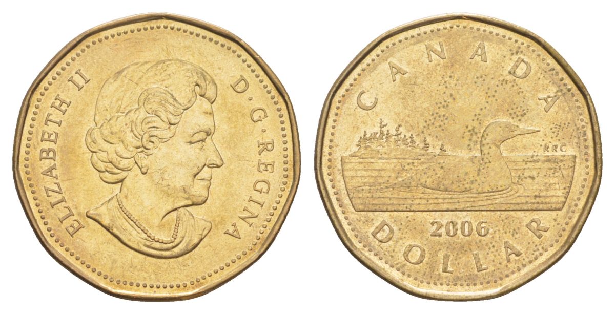 Канада 1 доллар 2006 Елизавета II (1952-2022), утка KM 495 никель плакированный позолоченной бронзой aUNC 4631-816