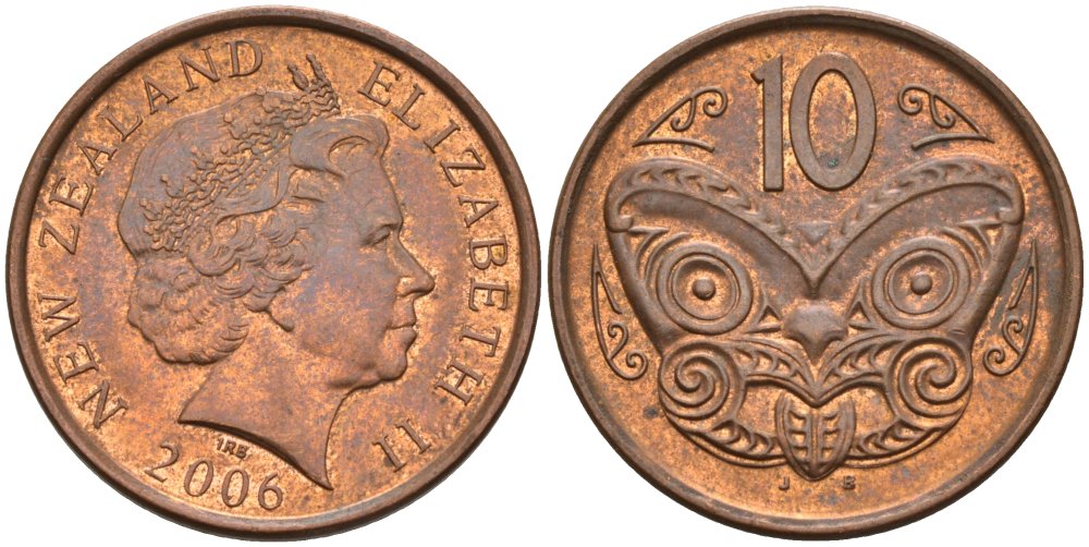 Новая Зеландия 10 центов 2006 Елизавета II (1952-2022), маска маори KM 117а сталь плакированная медью 106-1134