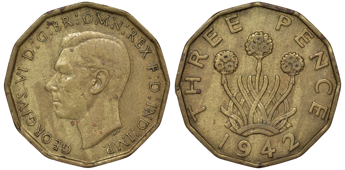 Великобритания 3 пенса 1942 Георг VI (1936-1952) KM 849, Spink 4112 никель латунь 62-231