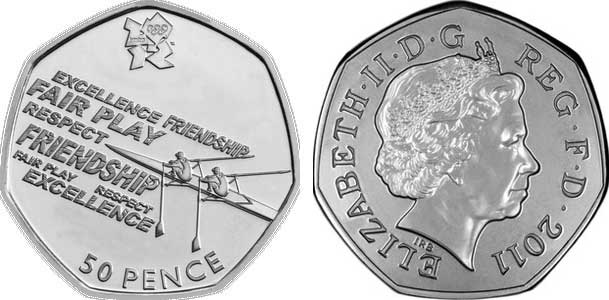 Великобритания 50 пенсов 2011 XXX летние Олимпийские игры в Лондоне в 2012 году, гребля в оригинальном картонном буклете, с Олимпийской голограммой KM 1172, Spink LO19 медно-никель UNC 3-6-5-17