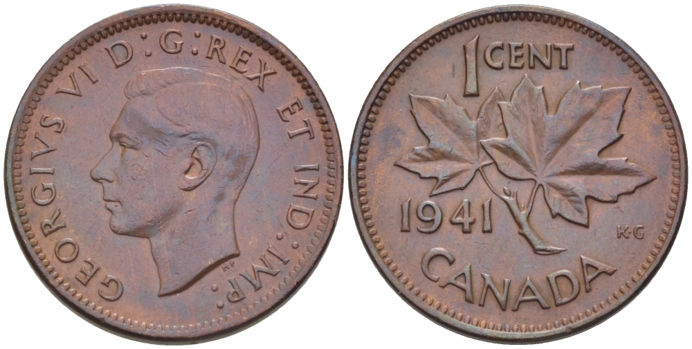 Канада 1 цент 1941 Георг VI (1937-1952), кленовый лист KM 32 бронза 31-1226