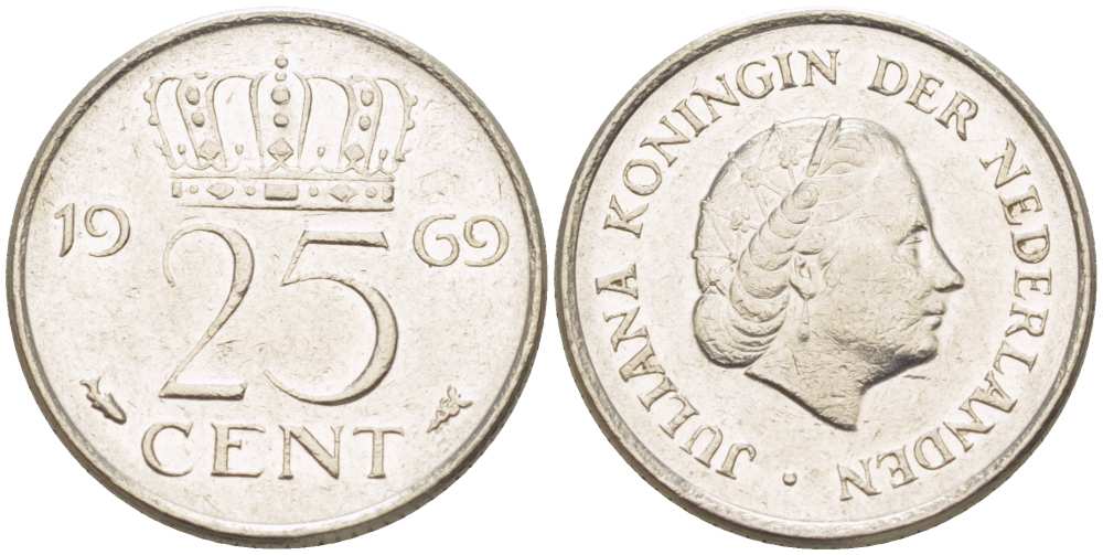 Нидерланды 25 центов 1969 Юлиана (1948-1980) KM 183 никель 3955-156