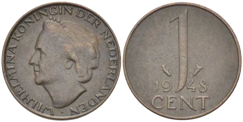 НИДЕРЛАНДЫ 1 ЦЕНТ 1948 ВИЛЬГЕЛЬМИНА (1890-1948) KM 107 бронза 214-1011