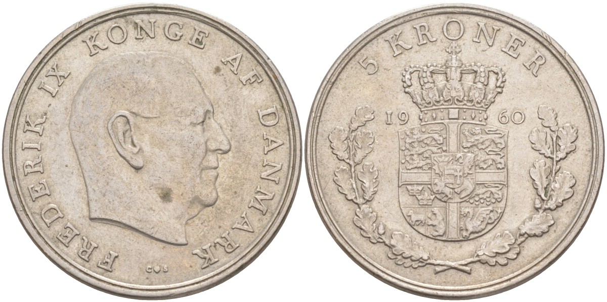 Дания 5 крон 1960 C; S, Фредерик IX (1947-1972) KM 853.1 медно-никель 4512-945
