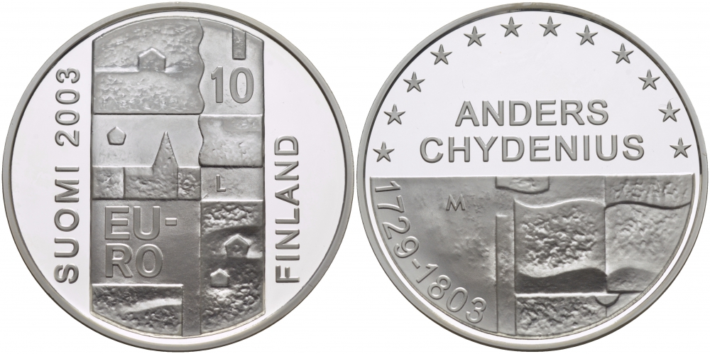 Финляндия 10 евро 2003 200 лет со дня смерти Андерса Чудениуса KM 110 серебро PROOF 11-148-45