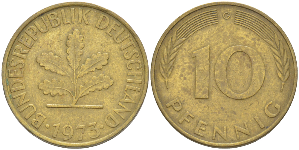 ФРГ 10 ПФЕННИГОВ 1973 G KM 108, J. 383 сталь плакированная латунью 4182-834