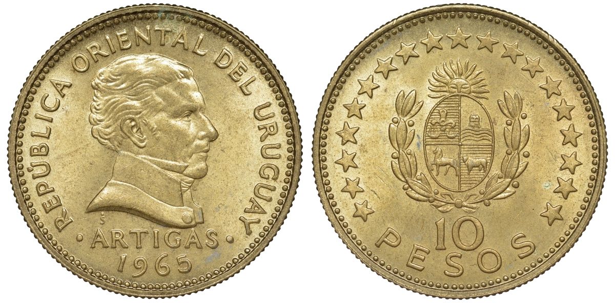 Уругвай 10 песо 1965 KM 48 алюминиевая бронза 4572-716