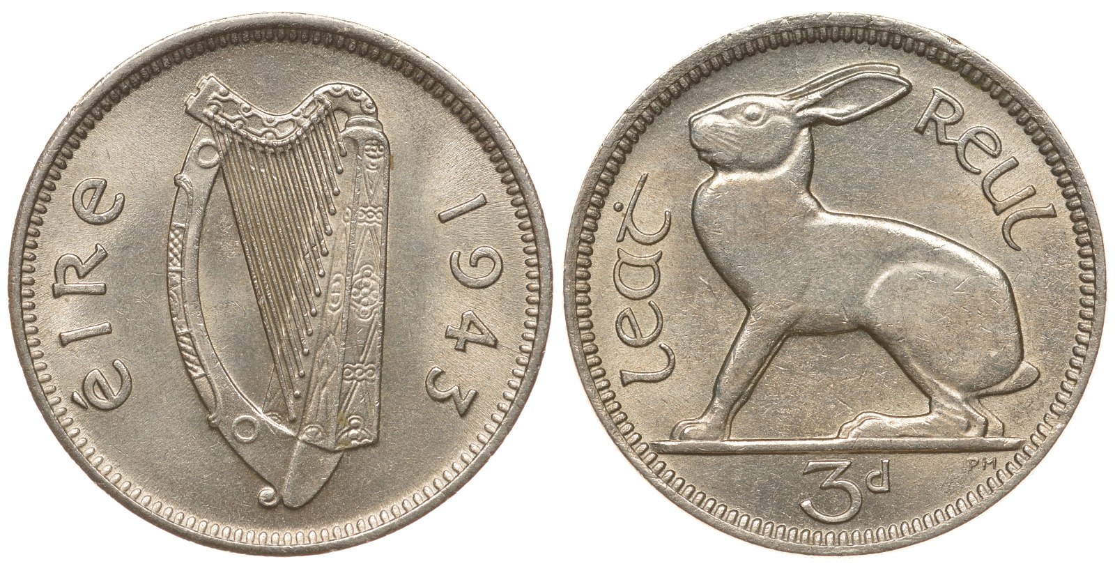 Ирландия 3 пенса 1943 заяц KM 12a медно-никель UNC 1525-842