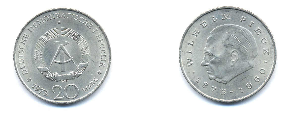 ГДР 20 марок 1972 А, Вильгельм Пик (1876-1960) KM 42 медно-никель 3333-332