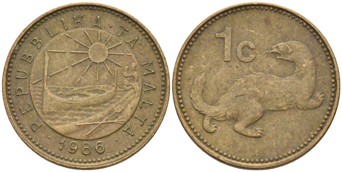 Мальта 1 цент 1986 ласка, горностай KM 78 никель латунь 4585-1128