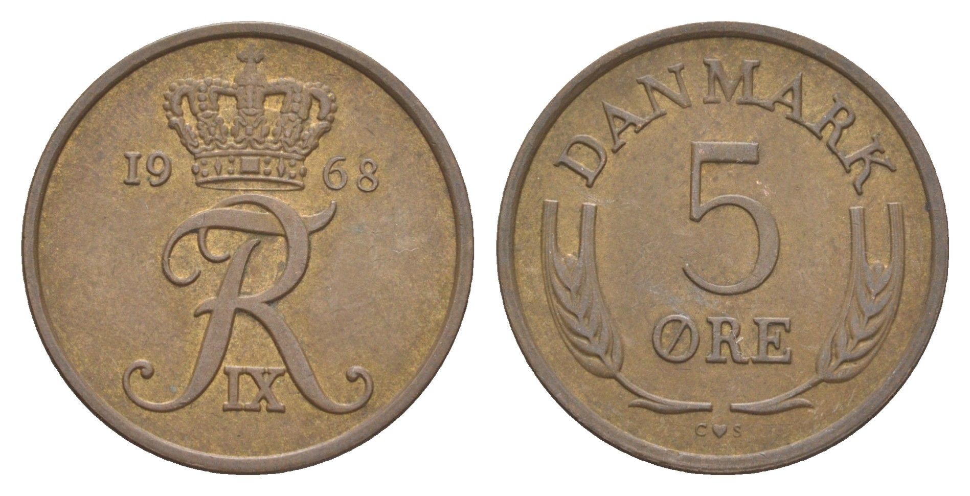 Дания 5 эре 1968 C; S, Фредерик IX (1947-1972) KM 848 бронза 4529-835