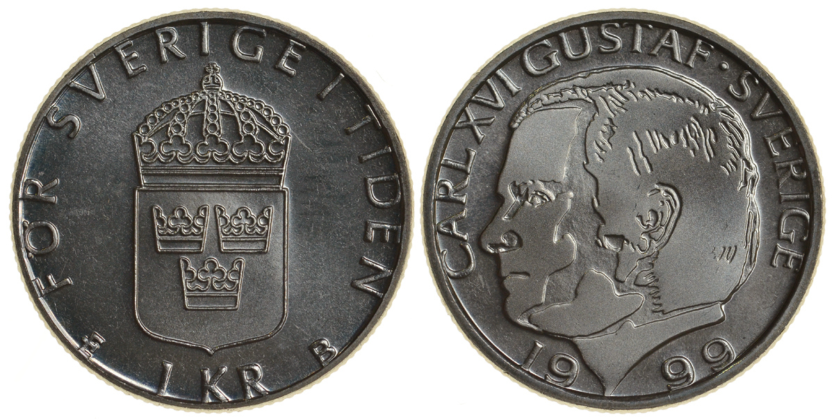 Швеция 1 крона 1999 Карл XVI Густав (1973- ) KM 852a медно-никель UNC 4179-1252