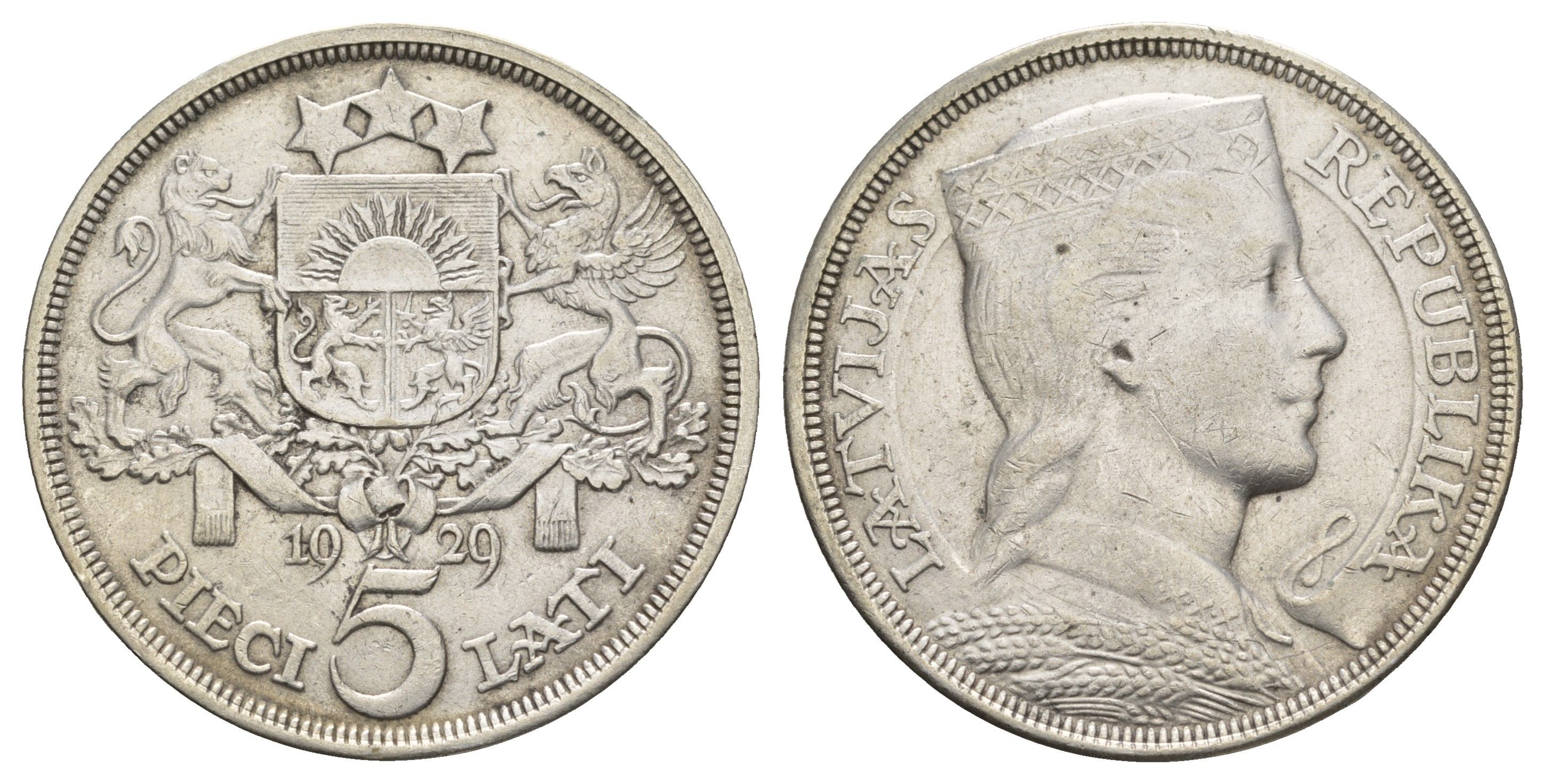 Латвия 5 латов 1929 девушка KM 9 серебро 443-1014