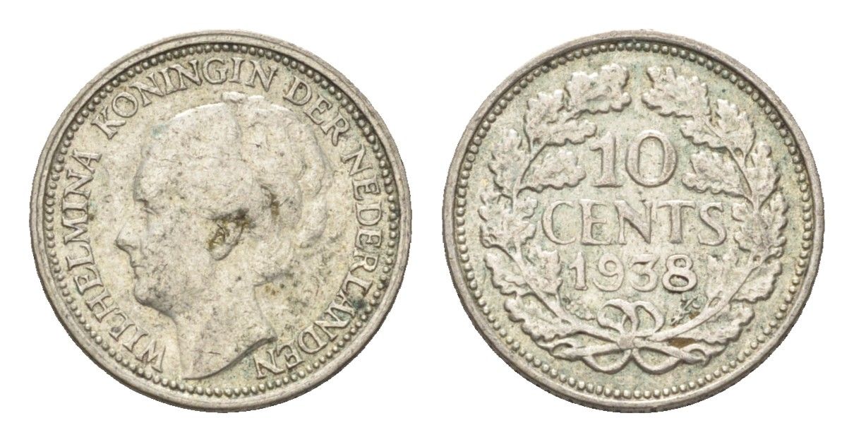 Нидерланды 10 центов 1938 Вильгельмина I (1890-1948) KM 163 серебро 4659-1159