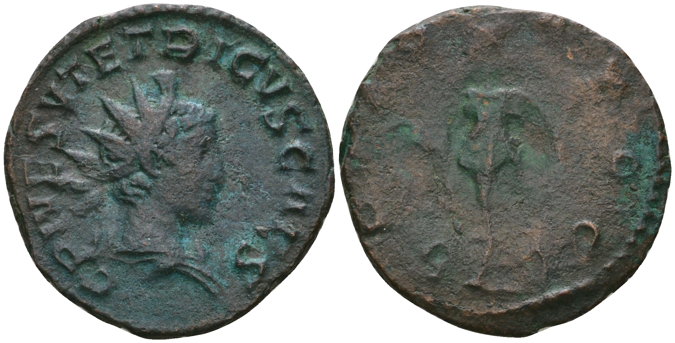 Римская Империя, императоры в Галлии антониниан 271 - 274 Тетрик II в ранге цезаря, C PIV ESV TETRICVS CAES, бюст цезаря / SPES AVGG, Спея, персонификация Мира, Августа Треверов RIC 270 биллон 1073-20-51