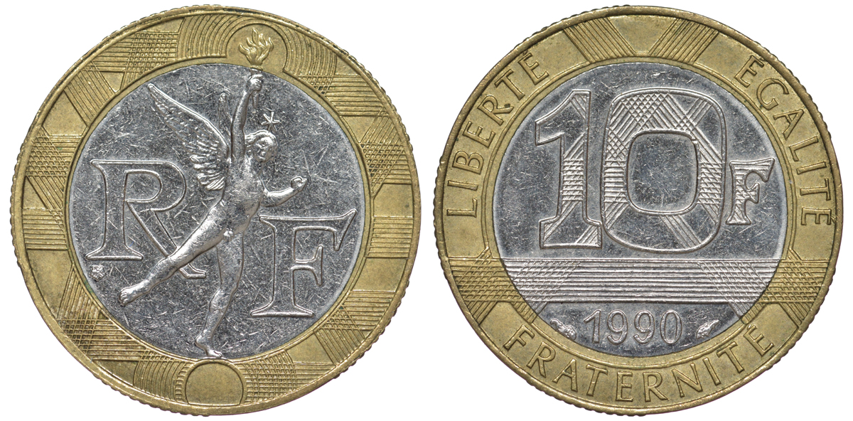 Франция 10 франков 1990 тип Гений Бастилии KM 964.1, Le Frank 375.5 биметалл 45-1023