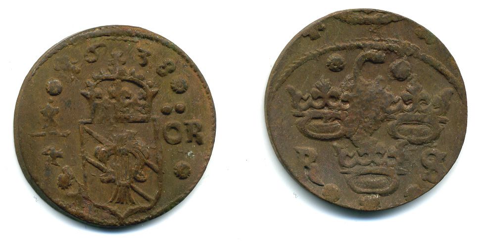 Швеция 1/4 эре 1638 Кристина (1632-1654), была в обращении на территории России медь 53-1211