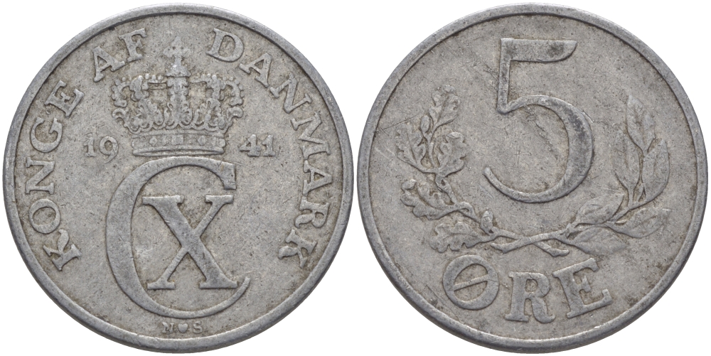 ДАНИЯ 5 ЭРЕ 1941 N ; S, КРИСТИАН X (1912-1947) KM 834 алюминий 97-1141