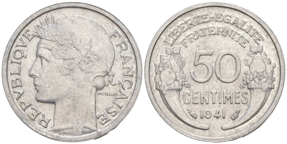 ФРАНЦИЯ 50 САНТИМОВ 1941 ТИП MORLON LOURDE KM 894.1a, LE FRANC 193.2 алюминий 44-214