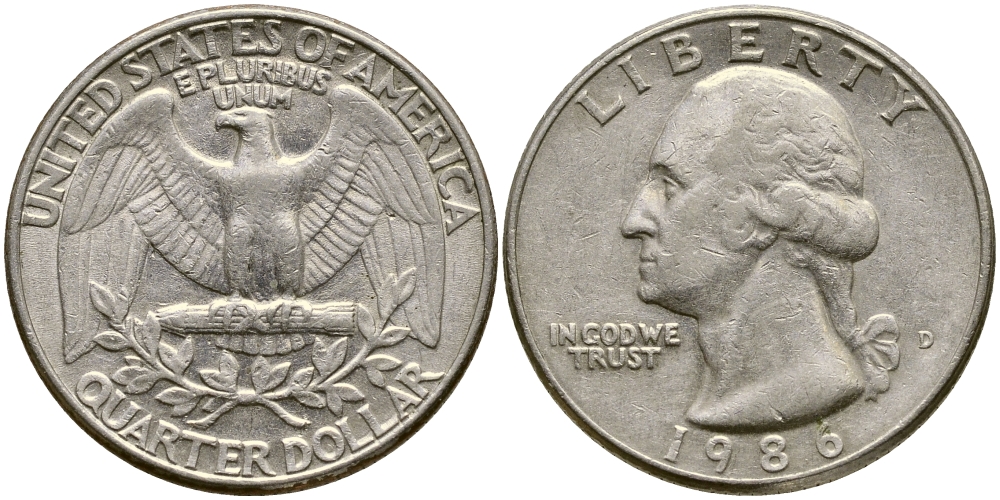 США 25 ЦЕНТОВ = КВОТЕР 1986 D, ВАШИНГТОН KM А164а медь плакированная медно-никелем 4388-243