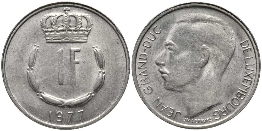 ЛЮКСЕМБУРГ 1 ФРАНК 1977 ВЕЛИКИЙ ГЕРЦОГ ЖАН (1964-2000) KM 55 медно-никель 113-536