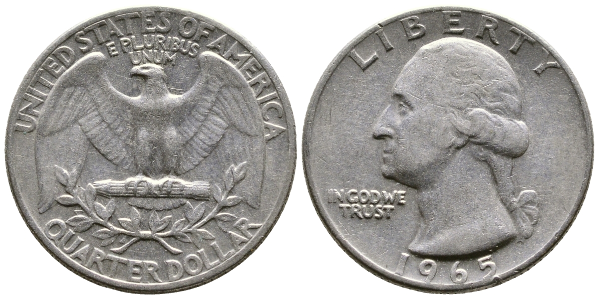 США 25 центов (квотер) 1965 Вашингтон KM 164а медь плакированная медно-никелем 4382-1244