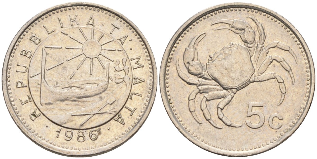 Мальта 5 центов 1986 краб KM 77 медно-никель 3309-358