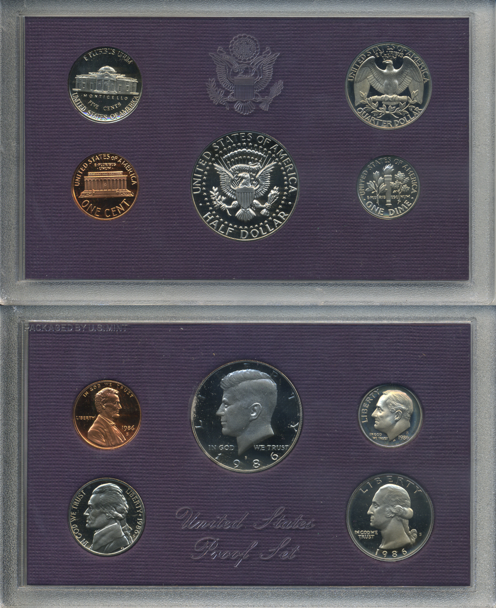 США официальный набор из 5 монет 1986 S, набор президентов, в пластике, оригинальная коробка, Кеннеди PROOF 00-00