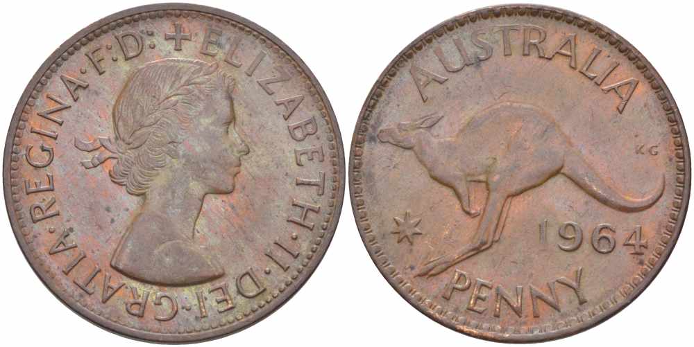 АВСТРАЛИЯ 1 ПЕННИ 1964 m, ЕЛИЗАВЕТА II (1953-), КЕНГУРУ KM 56 бронза 109-525