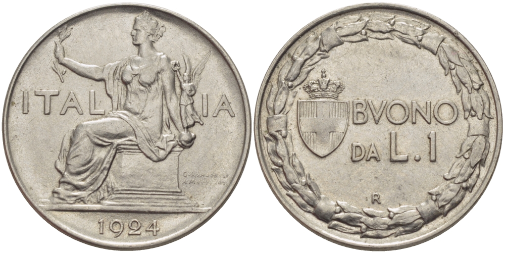 ИТАЛИЯ 1 ЛИРА 1924 R, ВИКТОР ИМАНУИЛ III, РУБЧАТЫЙ ГУРТ KM 62 никель 82-1141