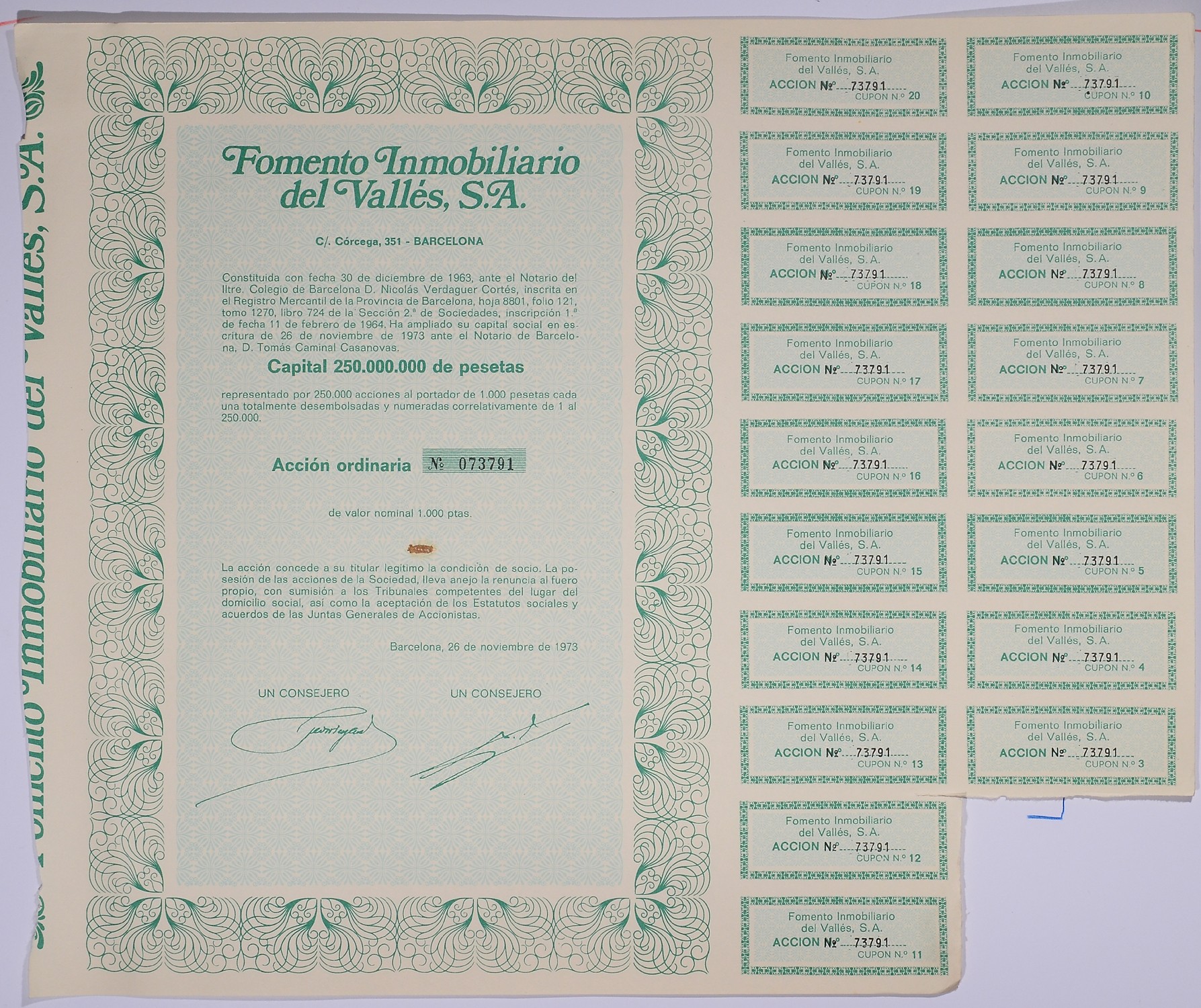 Испания акция на 1000 песет 1973 Fomento Inmobiliario del Valles, S.A., Барселона 1973, с купонами   бумага   5548-37-1-2