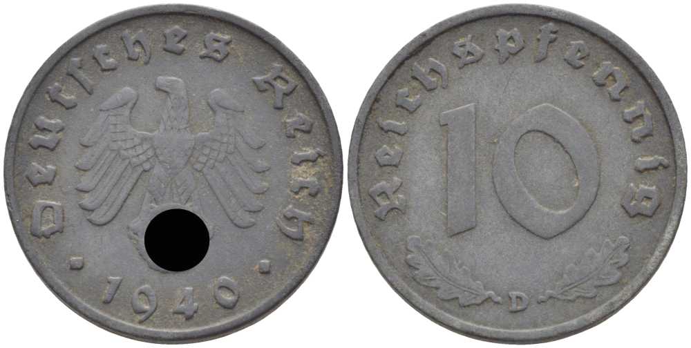 ГЕРМАНИЯ 10 РЕЙХСПФЕННИГОВ 1940 D KM 101, J. 371 цинк 4401-835