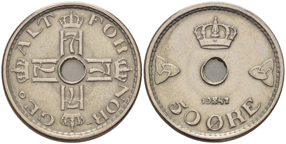 Норвегия 50 эре 1947 Хокон VII (1905-1957) KM 386 медно-никель 67-552