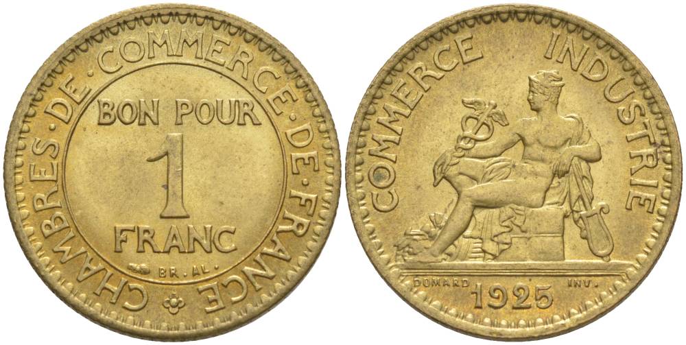 ФРАНЦИЯ 1 ФРАНК 1925 ТИП CHAMBRES DE COMMERCE KM 876, LE FRANC 218.7 алюминиевая бронза 3853-144