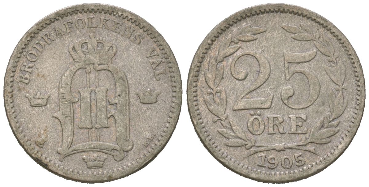 Швеция 25 эре 1905 EB, Оскар II (1872-1907) KM 739 серебро 44-351
