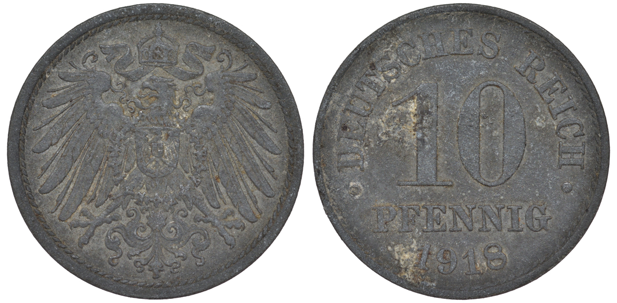 ГЕРМАНИЯ 10 ПФЕННИГОВ 1918 KM 26, J. 299 цинк 45-1248