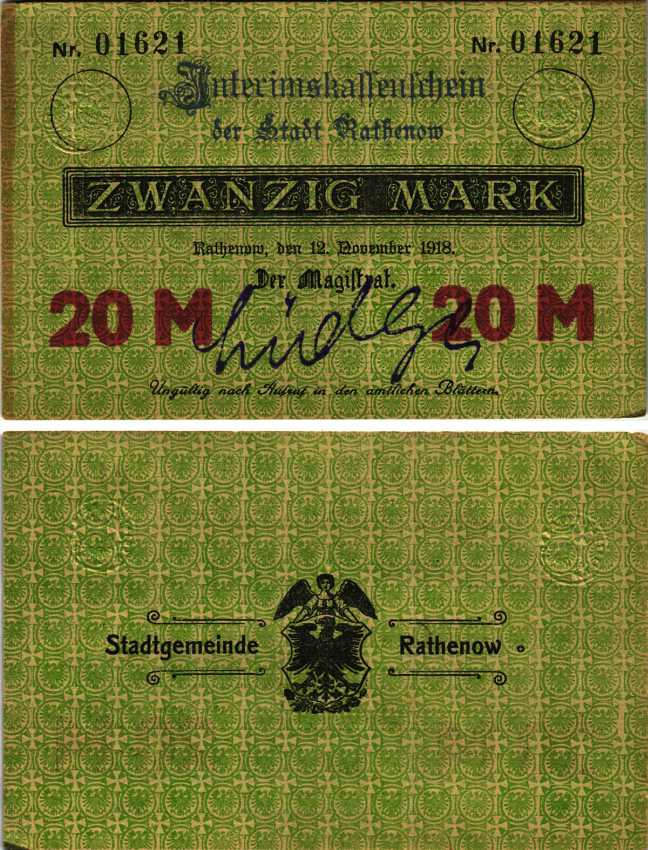 РАТЕНОВ 20 МАРОК 1918 НОТГЕЛЬД, 12 НОЯБРЯ 1918, ЗЕМЛЯ БРАНДЕНБУРГ, ОДНА РУКОПИСНАЯ ПОДПИСЬ Geiger 437.02с бумага 6300-35-3-1