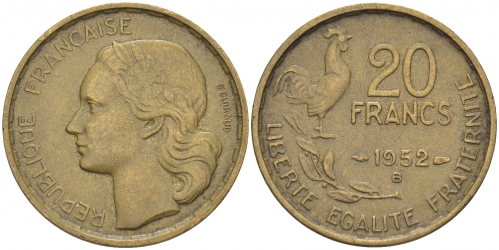 ФРАНЦИЯ 20 ФРАНКОВ 1952 В KM 917.2 алюминиевая бронза 3856-1126