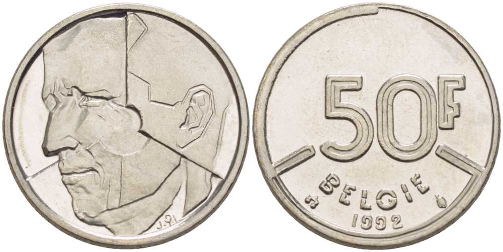 БЕЛЬГИЯ 50 ФРАНКОВ 1992 BELGIE, БОДУЭН I (1951-1993) KM 169 никель 4388-541