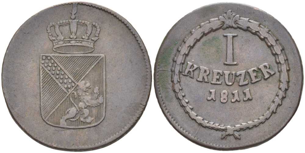 Баден 1 крейцер 1811 Карл Людвиг Фридрих (1811-1818) KM 147, Jaeger 7, AKS 21 медь 441-334