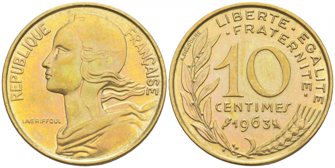 ФРАНЦИЯ 10 САНТИМОВ 1963 ТИП MARIANE KM 929, LE FRANC 144.3 алюминиевая бронза 44-956